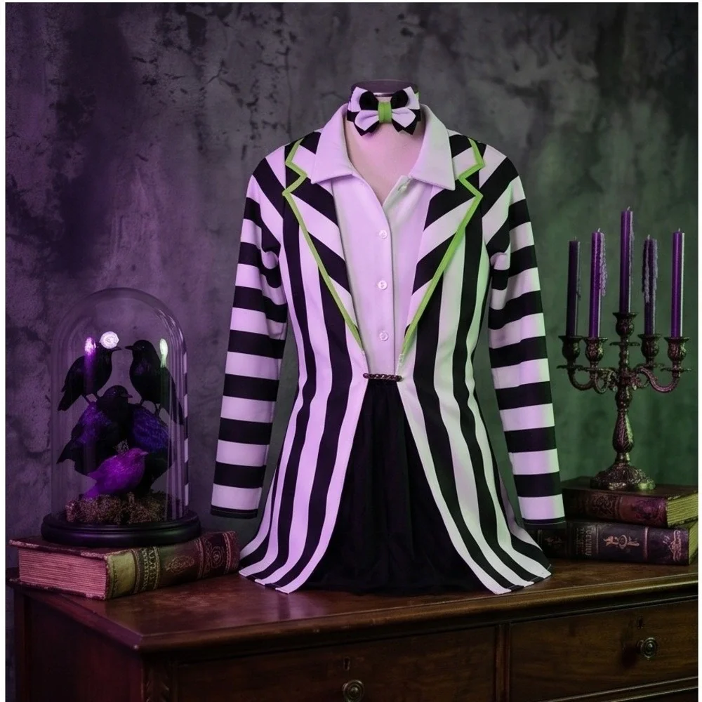 Spirit Halloween Beetlejuice Striped Costume Dress Girls XL Black White Green